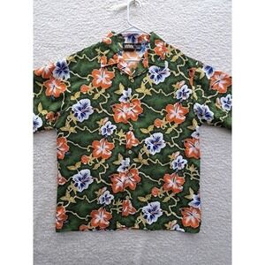 ODO Men's Hawaiian XL Shirt Green with Orange Hibiscus Floral 100% Poly